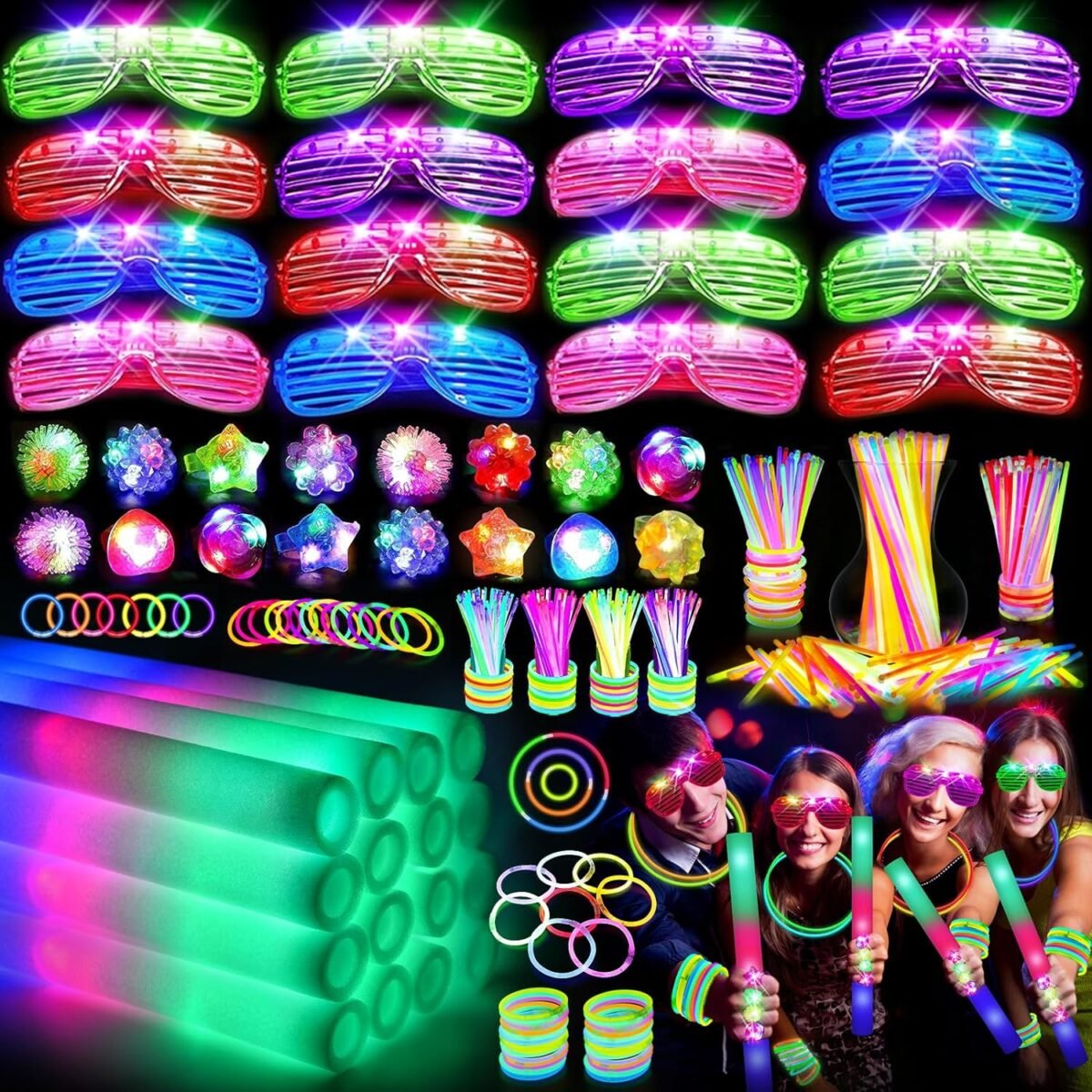 150 PCS Glow in the Dark Party Supplies, 16 Foam Sticks, 16 LED Glasses, 100 Glow Sticks and 18 Finger Lights for Neon Party, Wedding, Birthday, Concert, New Year, Carnivals, Raves - Image 2