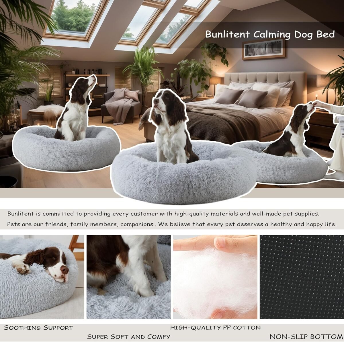 39'' inch Calming Dog Bed, Plush Anti-Anxiety Donut Dog Bed for Small Medium Large Dogs, Warming Cozy Soft Cute Round Washable, Marshmallow Cuddler Nest Pet Bed, Grey - Image 3