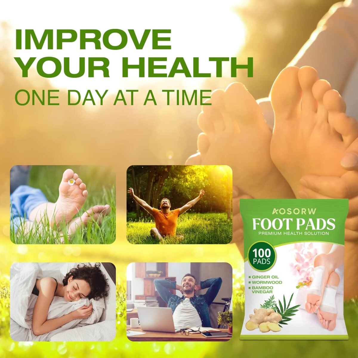 Natural Herbal Foot Pads - 100 Pack Ginger Oil & Bamboo Charcoal Premium Foot Care Patches - Relieves Stress and Fatigue - Improves Sleep and Supports Body Cleansing - Image 3