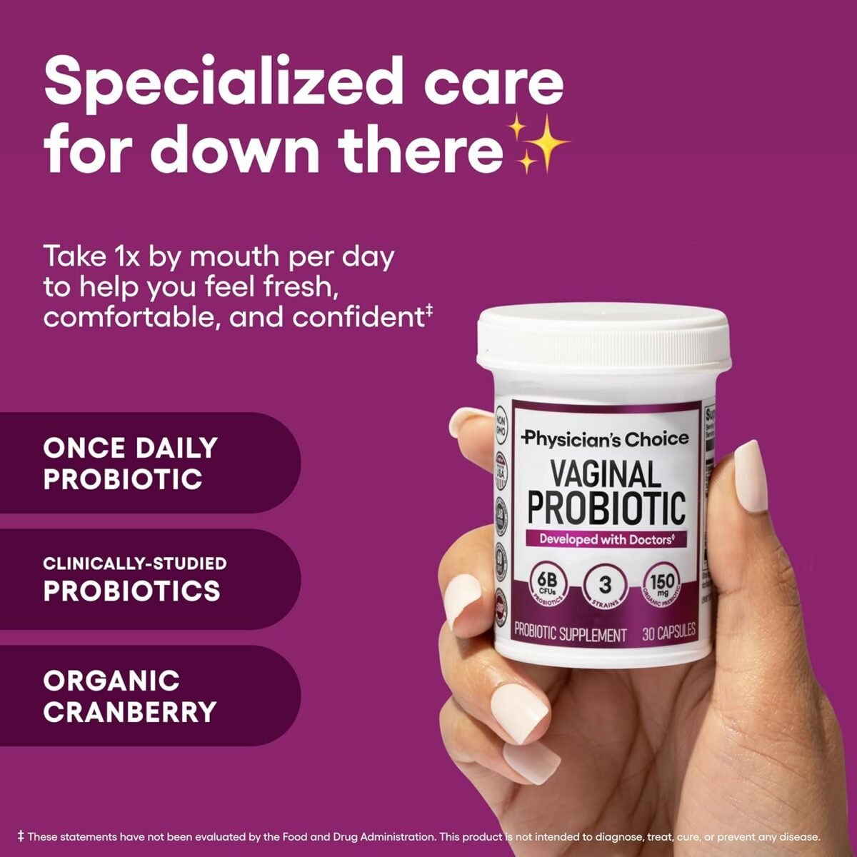 Physician's CHOICE Vaginal Probiotics for Women - pH Balance, Odor Control, Yeast Balance, Vaginal Flora, Moisture, Feminine Health - 6B CFU with Organic Prebiotics and Cranberry Extract - 30 CT - Image 3