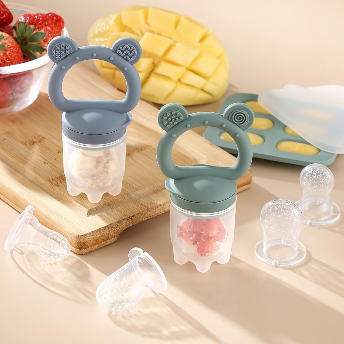 2 Pack Silicone Baby Fruit Feeder with Mini Freezer Tray, Baby Teethers, Breastmilk Popsicle Molds for Baby Teething Relief, Fresh Food Feeder for Safe Infant Self Feeding, Extra Food Pouches - Image 8