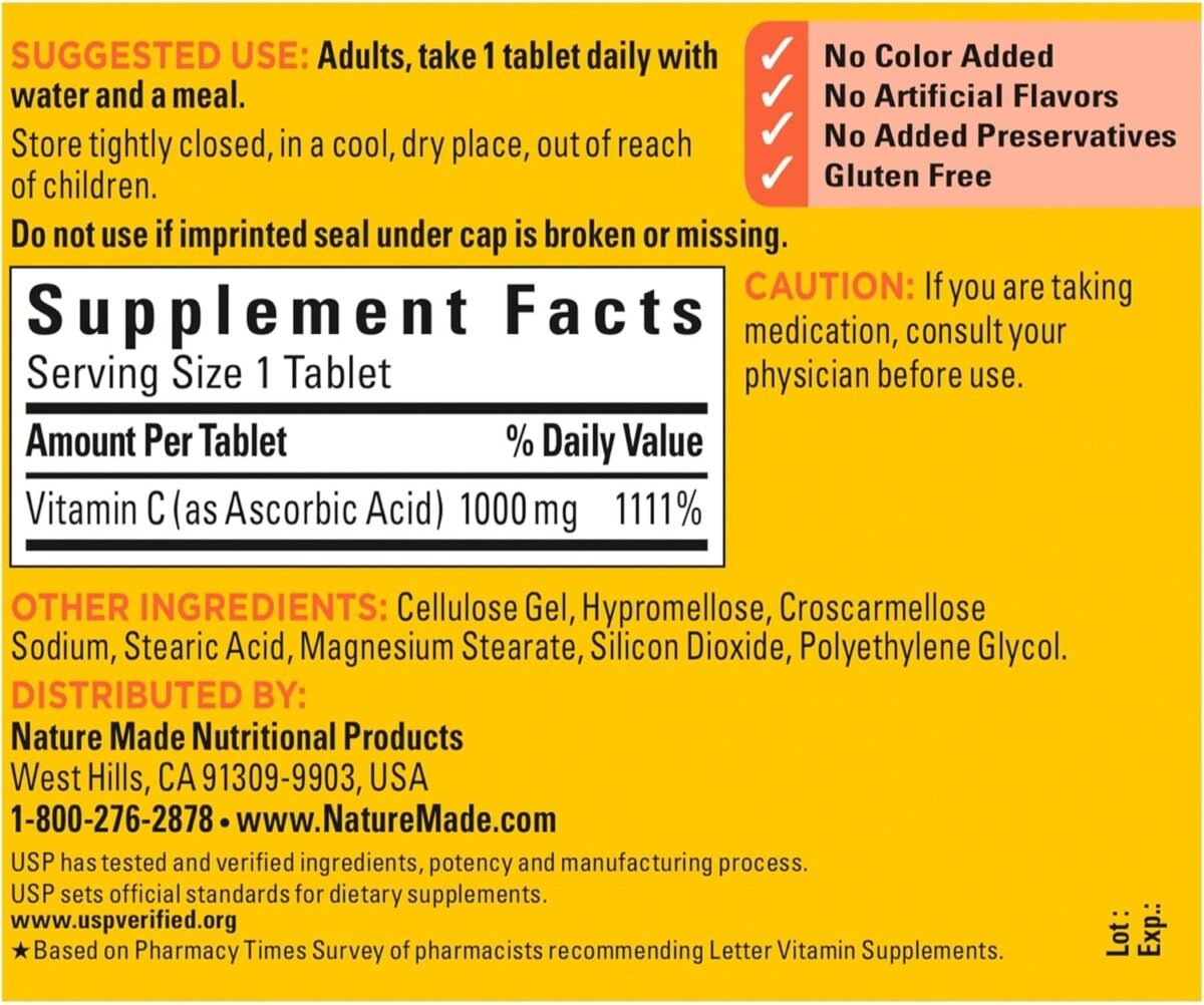 Nature Made Extra Strength Vitamin C 1000 mg, Dietary Supplement for Immune Support, 100 Tablets, 100 Day Supply - Image 6