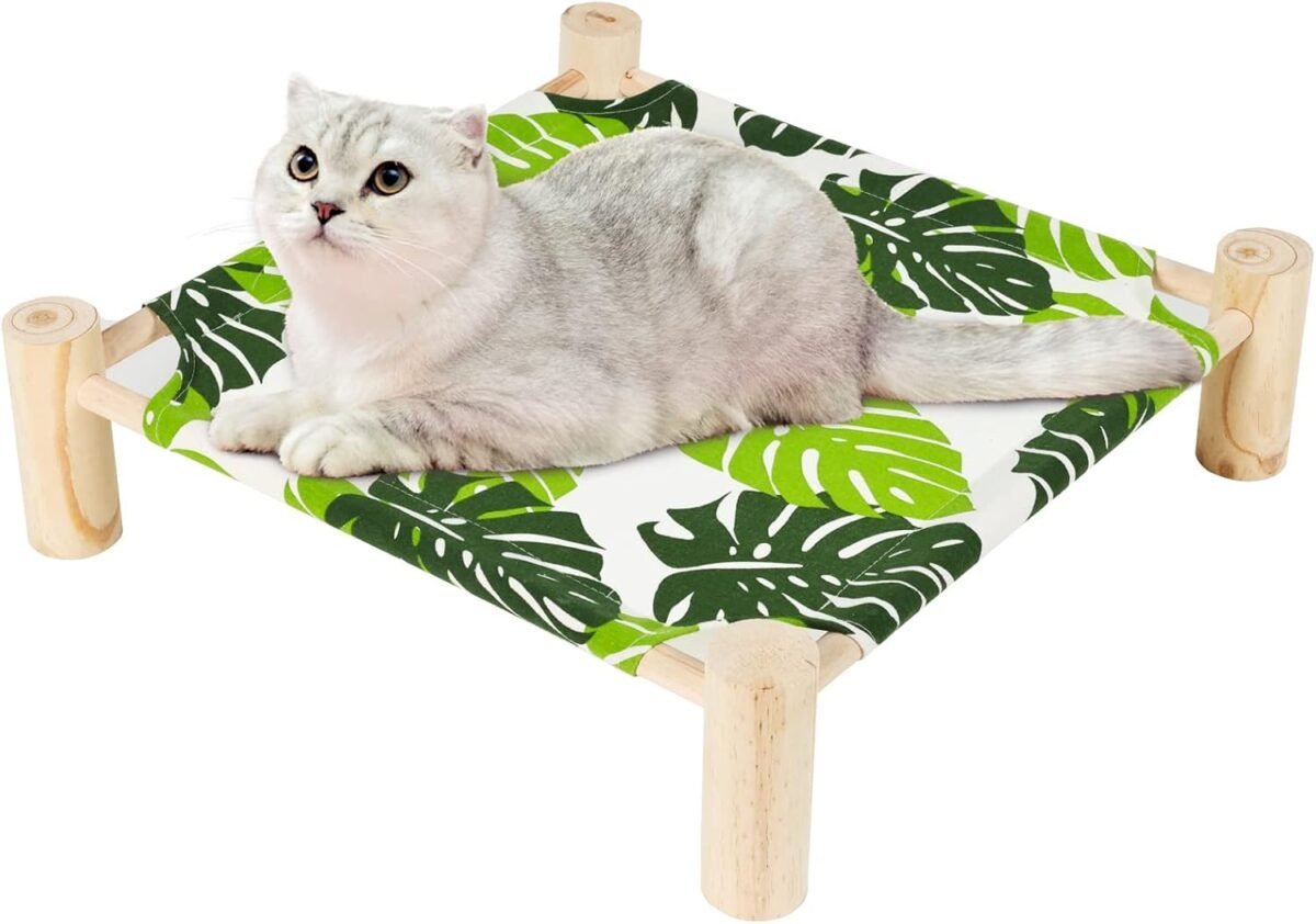 Patas Lague Cat and Dog Hammock Bed for Small Dogs, Brethable Wooden Cat Pet Rabbit Elevated Cooling Outdoor Bed Cots Furniture for All Seasons Monstera Leaf - Image 3