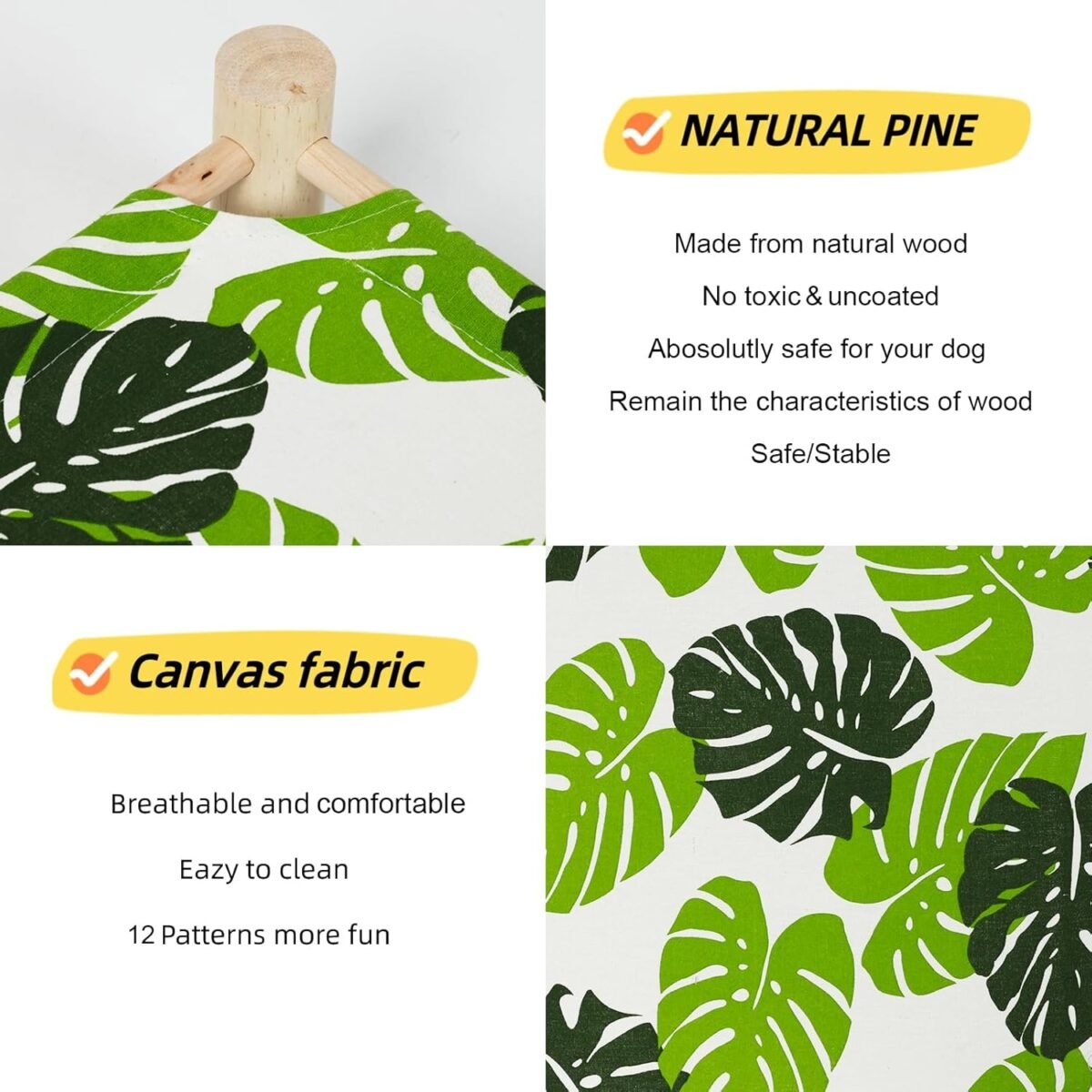 Patas Lague Cat and Dog Hammock Bed for Small Dogs, Brethable Wooden Cat Pet Rabbit Elevated Cooling Outdoor Bed Cots Furniture for All Seasons Monstera Leaf - Image 4