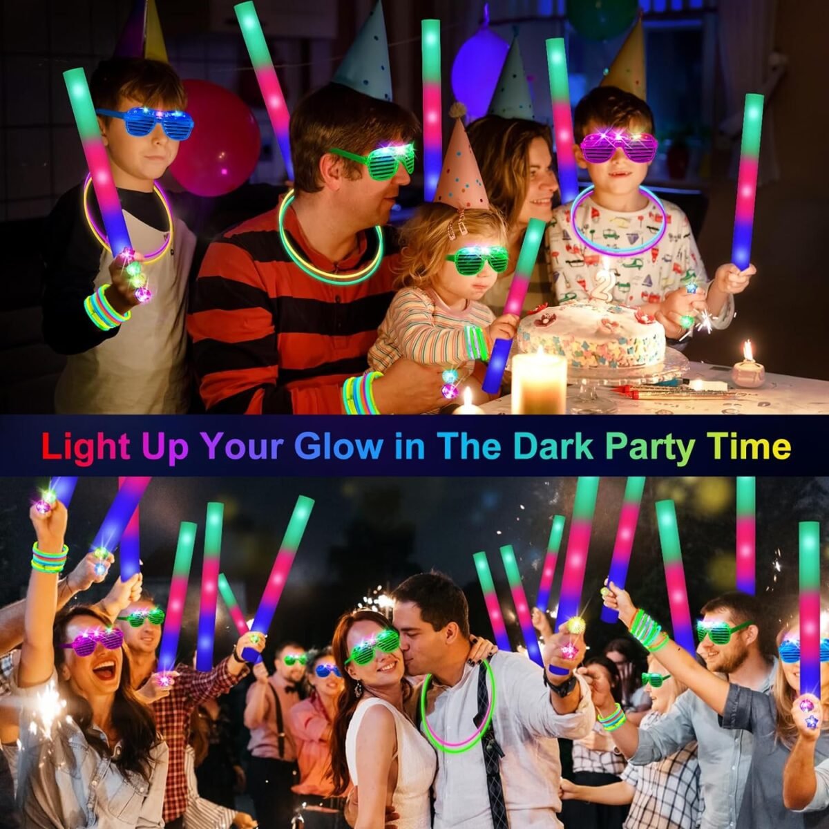150 PCS Glow in the Dark Party Supplies, 16 Foam Sticks, 16 LED Glasses, 100 Glow Sticks and 18 Finger Lights for Neon Party, Wedding, Birthday, Concert, New Year, Carnivals, Raves - Image 3