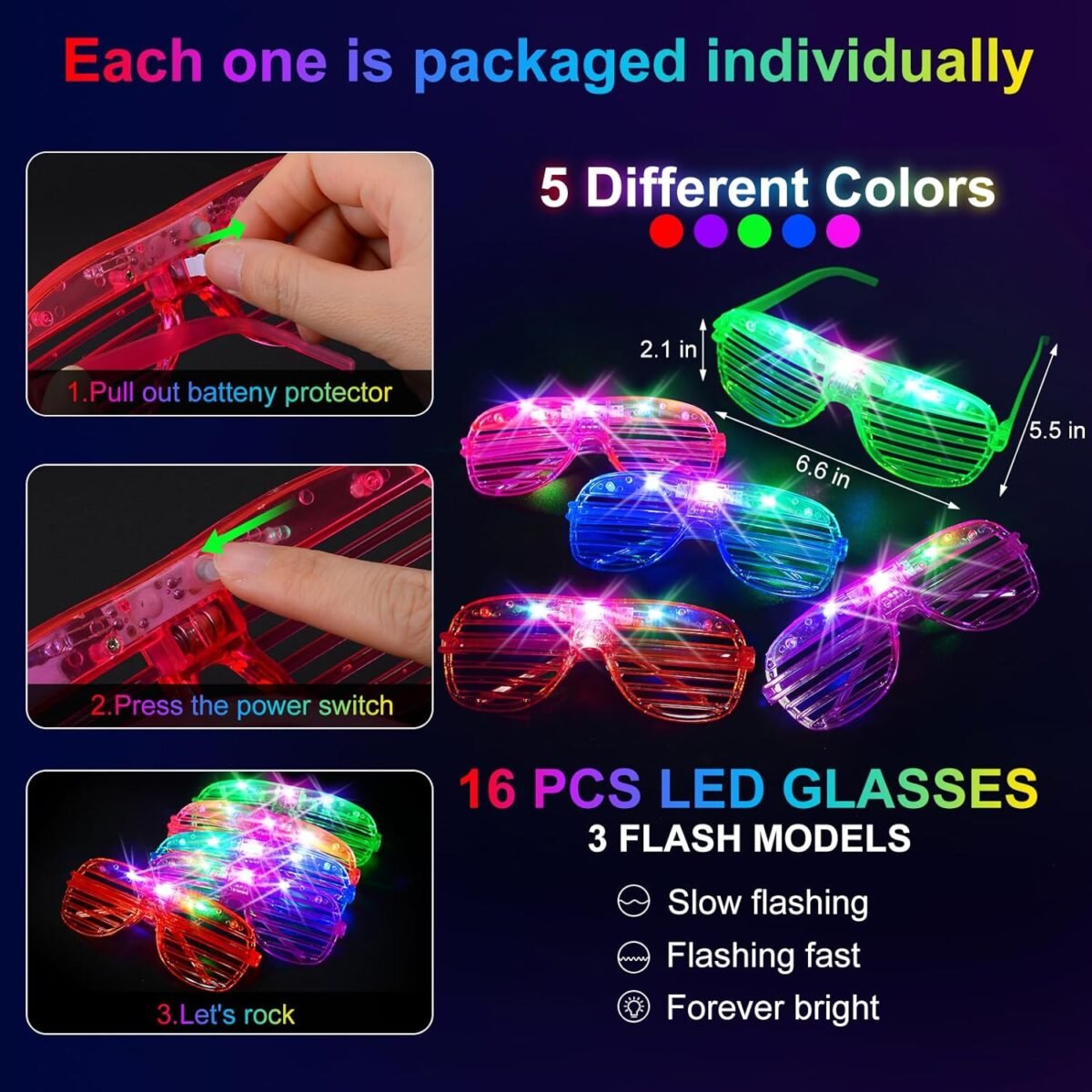150 PCS Glow in the Dark Party Supplies, 16 Foam Sticks, 16 LED Glasses, 100 Glow Sticks and 18 Finger Lights for Neon Party, Wedding, Birthday, Concert, New Year, Carnivals, Raves - Image 6