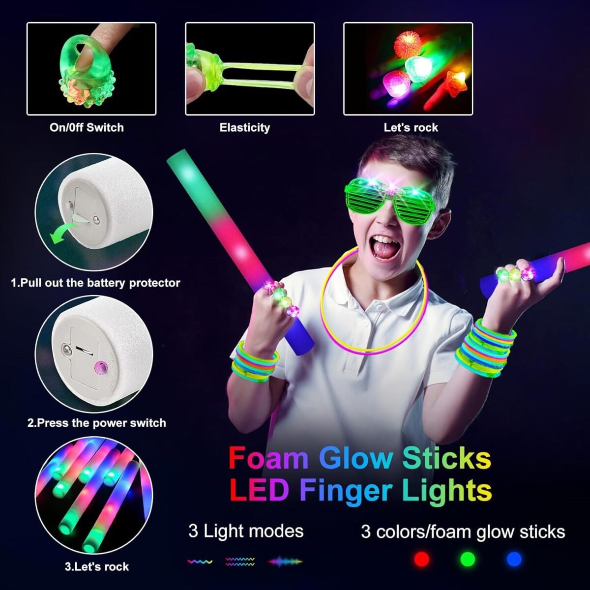 150 PCS Glow in the Dark Party Supplies, 16 Foam Sticks, 16 LED Glasses, 100 Glow Sticks and 18 Finger Lights for Neon Party, Wedding, Birthday, Concert, New Year, Carnivals, Raves - Image 7