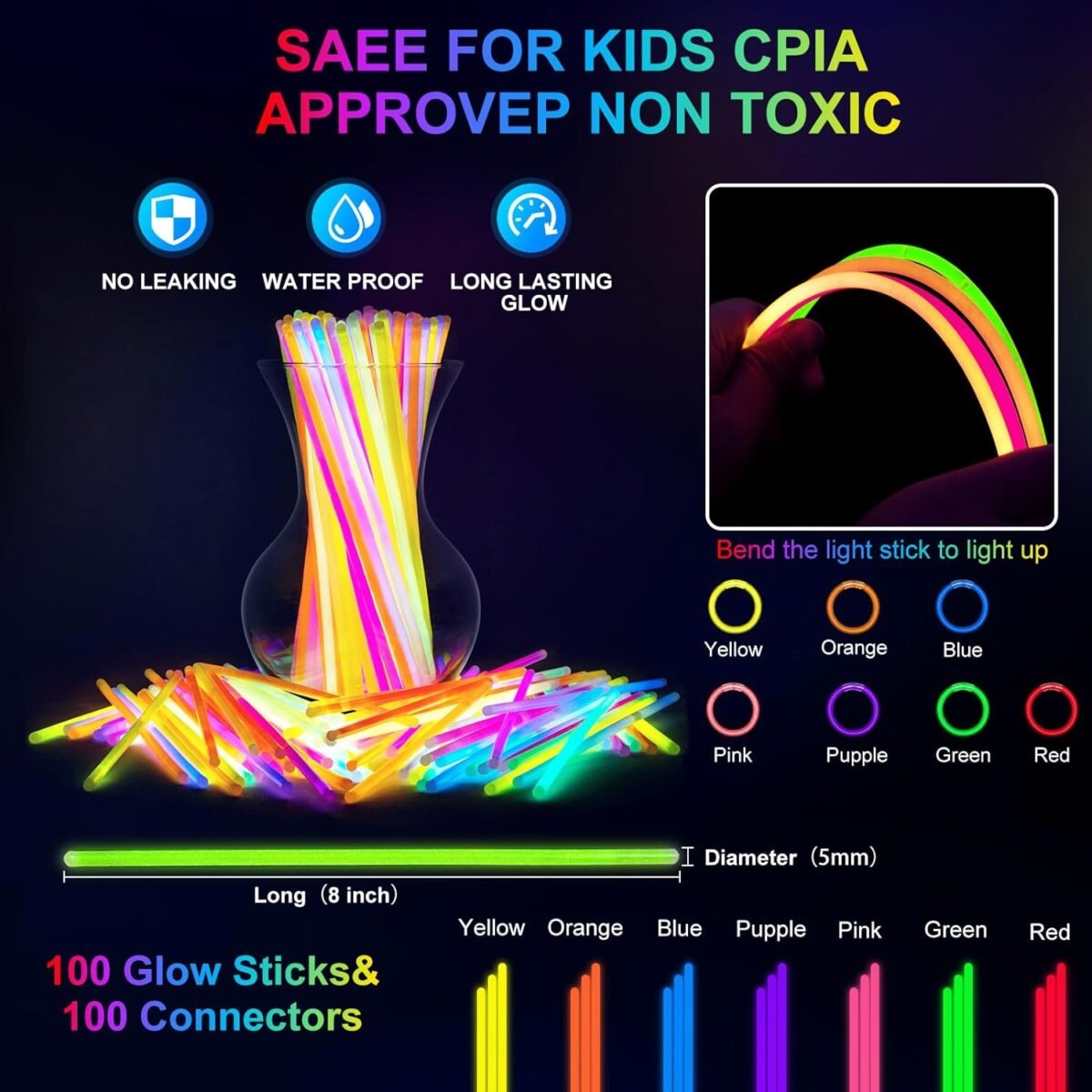 150 PCS Glow in the Dark Party Supplies, 16 Foam Sticks, 16 LED Glasses, 100 Glow Sticks and 18 Finger Lights for Neon Party, Wedding, Birthday, Concert, New Year, Carnivals, Raves - Image 8