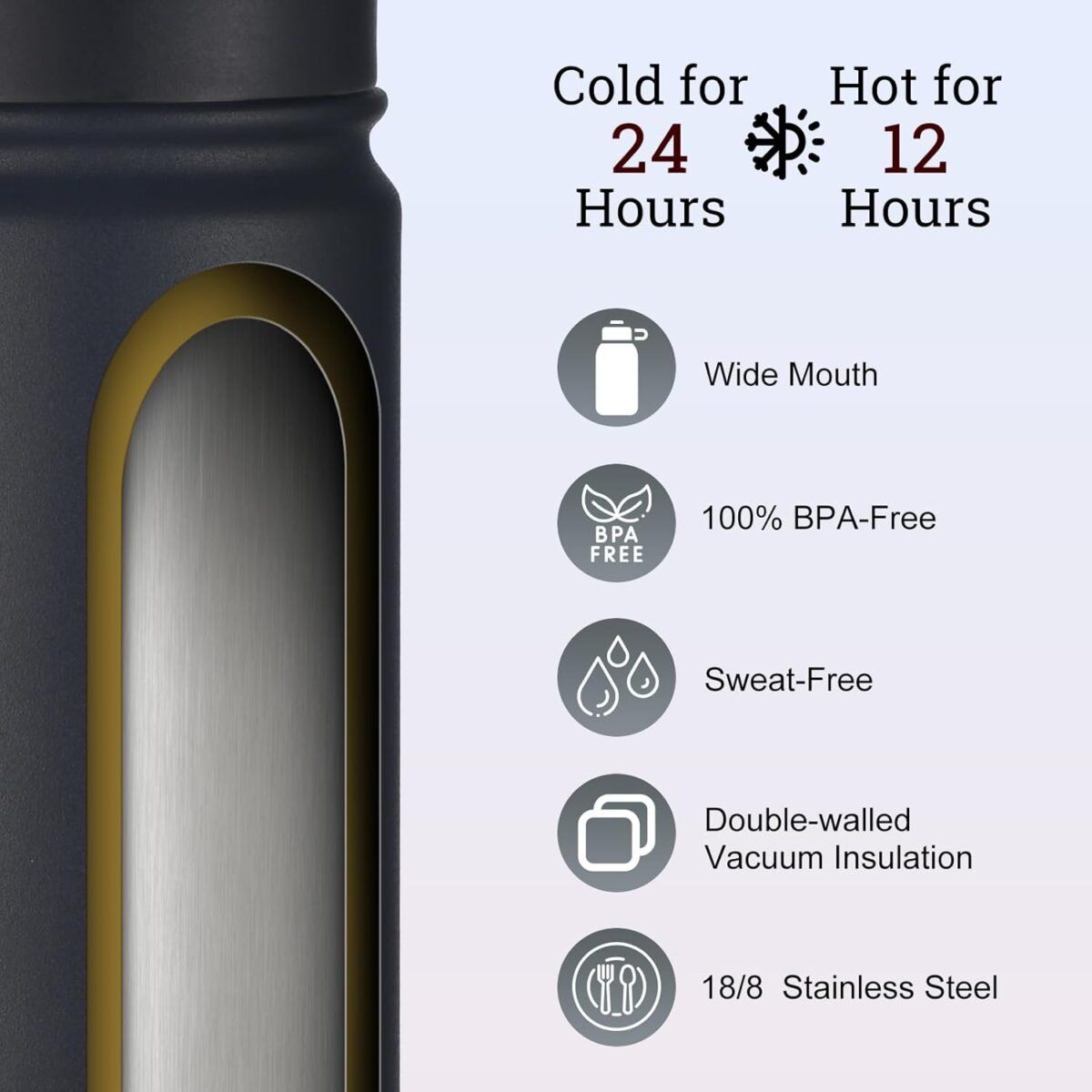 mininoo Insulated Stainless Steel Water Bottle with Straw and Lid for Sports, 24 oz, Black - Image 3