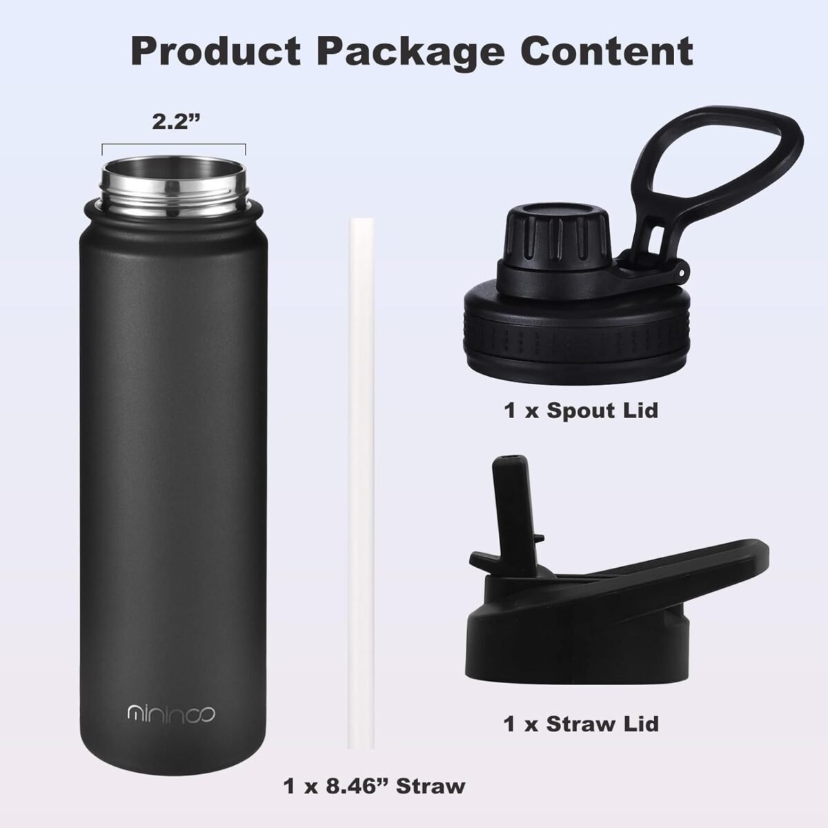 mininoo Insulated Stainless Steel Water Bottle with Straw and Lid for Sports, 24 oz, Black - Image 5