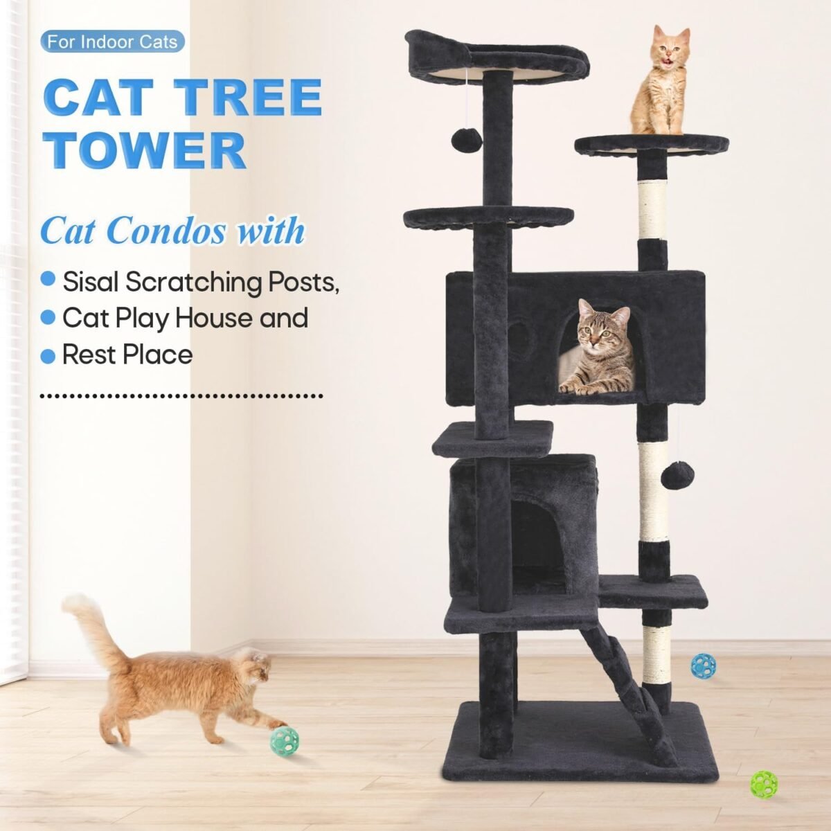 FDW Cat Tree 54in Cat Tower Multi-Level Durable Cat Scratching Post & Cozy Fun Cat Jumping Platform Space Saving Cat Condo Pet Play House for Indoor Cats,Dark Gray - Image 3