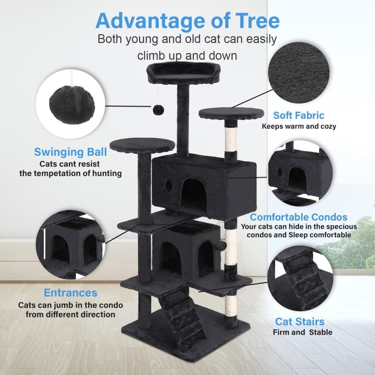FDW Cat Tree 54in Cat Tower Multi-Level Durable Cat Scratching Post & Cozy Fun Cat Jumping Platform Space Saving Cat Condo Pet Play House for Indoor Cats,Dark Gray - Image 4