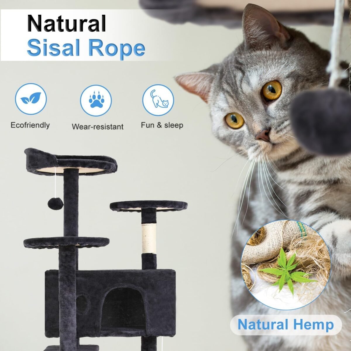 FDW Cat Tree 54in Cat Tower Multi-Level Durable Cat Scratching Post & Cozy Fun Cat Jumping Platform Space Saving Cat Condo Pet Play House for Indoor Cats,Dark Gray - Image 5