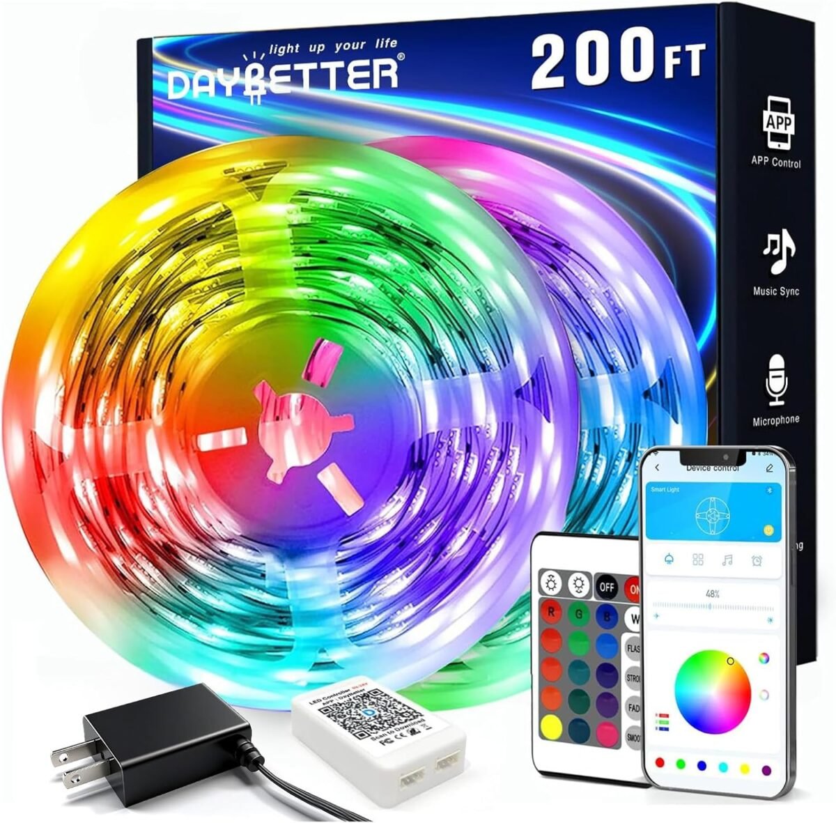 DAYBETTER LED Strip Lights 200 ft (2 Rolls of 100 ft), Smart App Control Lighting Bedroom Rome Decor with Remote, RGB Music Sync Color Changing LED Lights for Party - Image 2