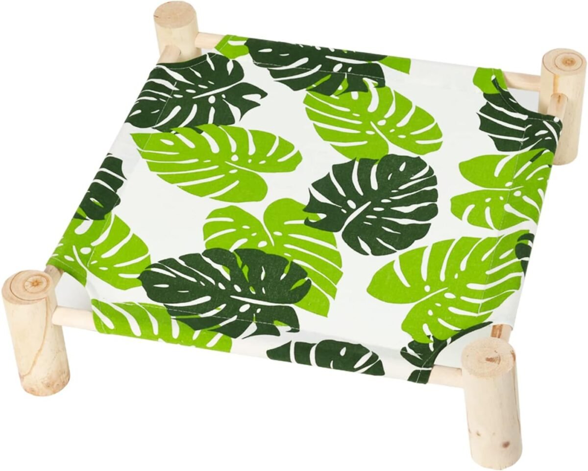 Patas Lague Cat and Dog Hammock Bed for Small Dogs, Brethable Wooden Cat Pet Rabbit Elevated Cooling Outdoor Bed Cots Furniture for All Seasons Monstera Leaf - Image 2