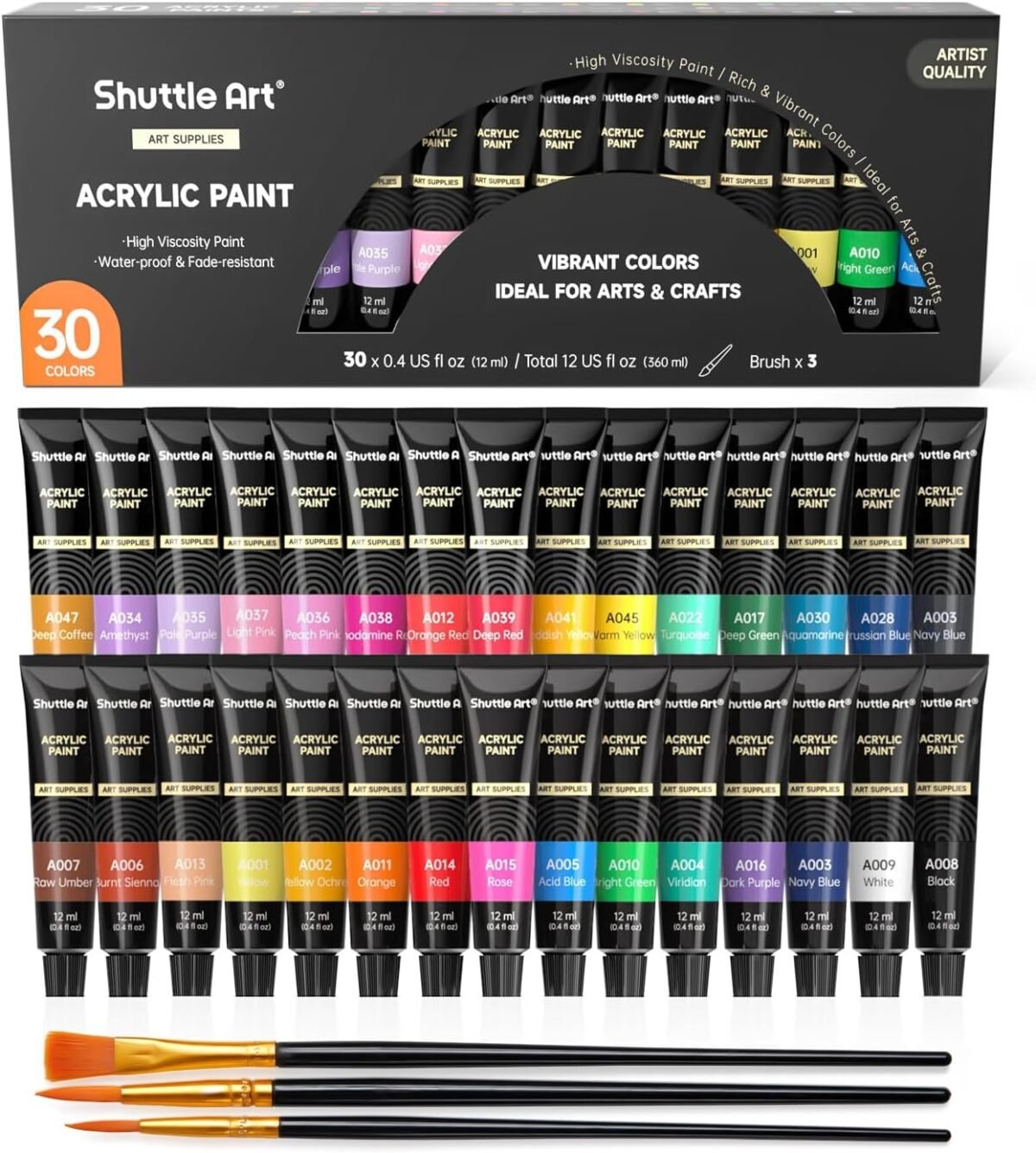 Shuttle Art Acrylic Paint Set, 30 x12ml Tubes Artist Quality Non Toxic Rich Pigments Colors Great for Kids Adults Professional Painting on Rocks Canvas Wood Clay Fabric Ceramic Crafts - Image 2