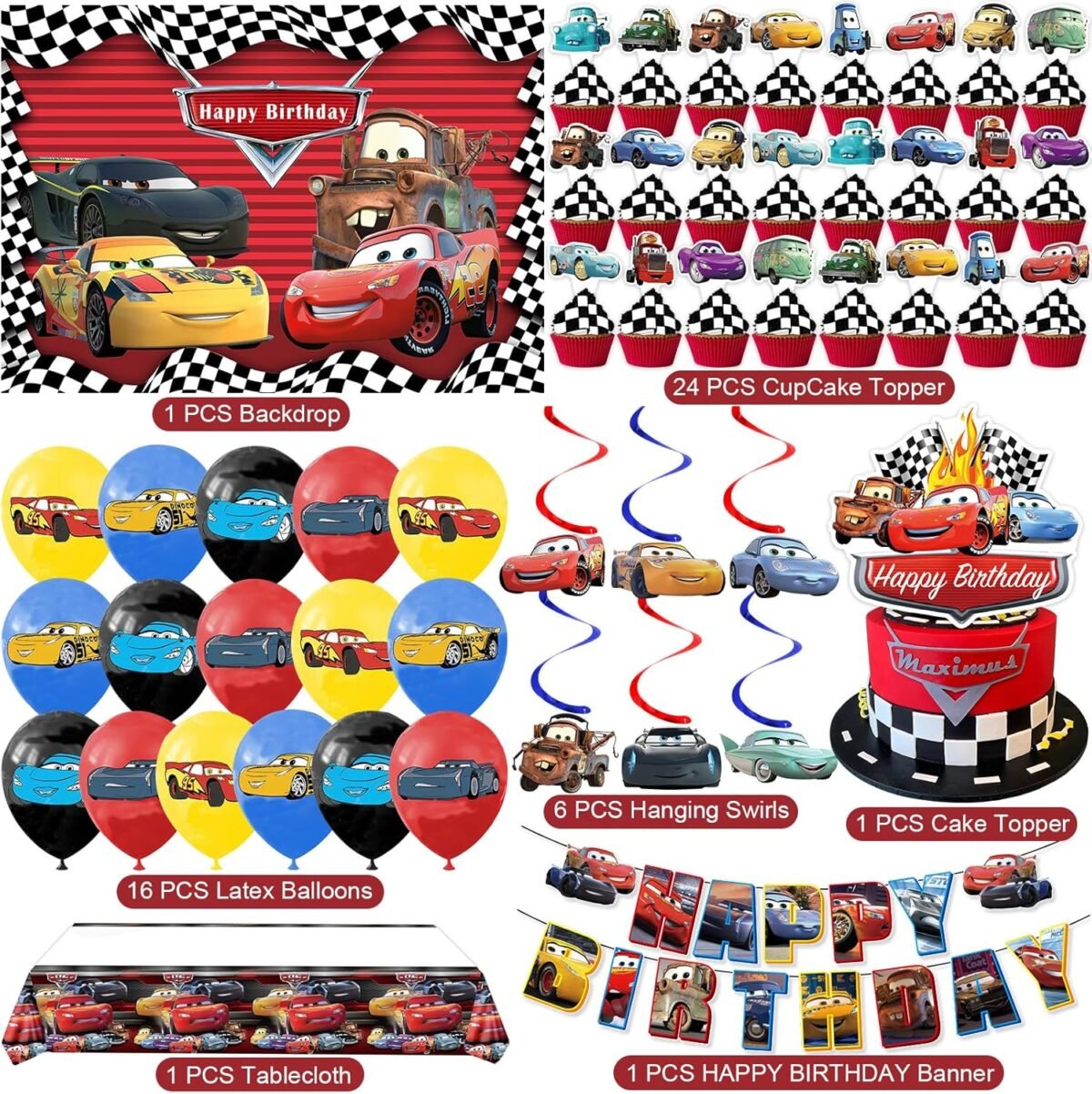 Cars Birthday Party Supplies, Party Decorations Set Include Banner, Backdrop, Balloons, Hanging Swirls, Cake Cupcake Toppers, Tablecloth for Boys Girls Cars Theme Party - Image 3