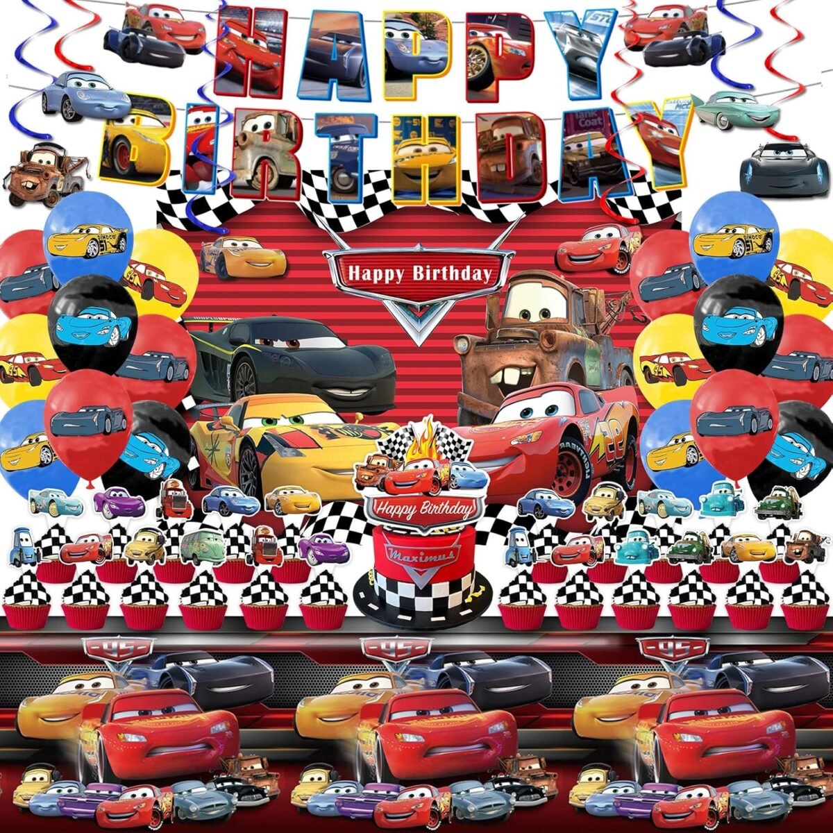 Cars Birthday Party Supplies, Party Decorations Set Include Banner, Backdrop, Balloons, Hanging Swirls, Cake Cupcake Toppers, Tablecloth for Boys Girls Cars Theme Party - Image 2